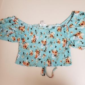 blue floral off the shoulder top
